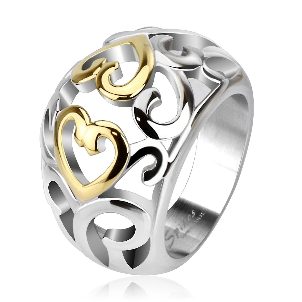 Oceľový prsteň s vyrezávaným ornamentom, zlato-strieborná farba - Veľkosť: 59 mm