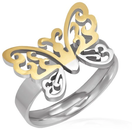 Oceľový prsteň - vyrezávaný motýľ zlato-striebornej farby - Veľkosť: 57 mm