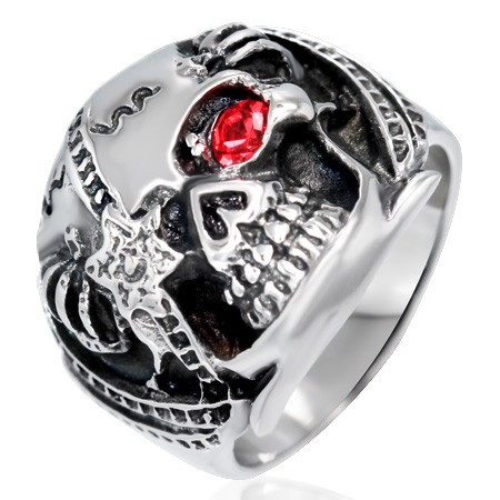 Mohutný prsteň z ocele - lebka bojovníka s červeným zirkónom, patina - Veľkosť: 55 mm