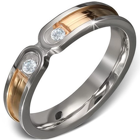 Oceľový prsteň - pruh zlatej farby s lemom striebornej farby, dva číre zirkóny - Veľkosť: 52 mm