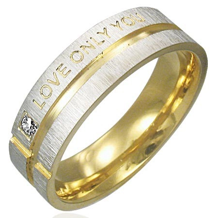 Prsteň z chirurgickej ocele - striebornej farby s pásmi zlatej farby, vyznanie lásky - Veľkosť: 59 mm