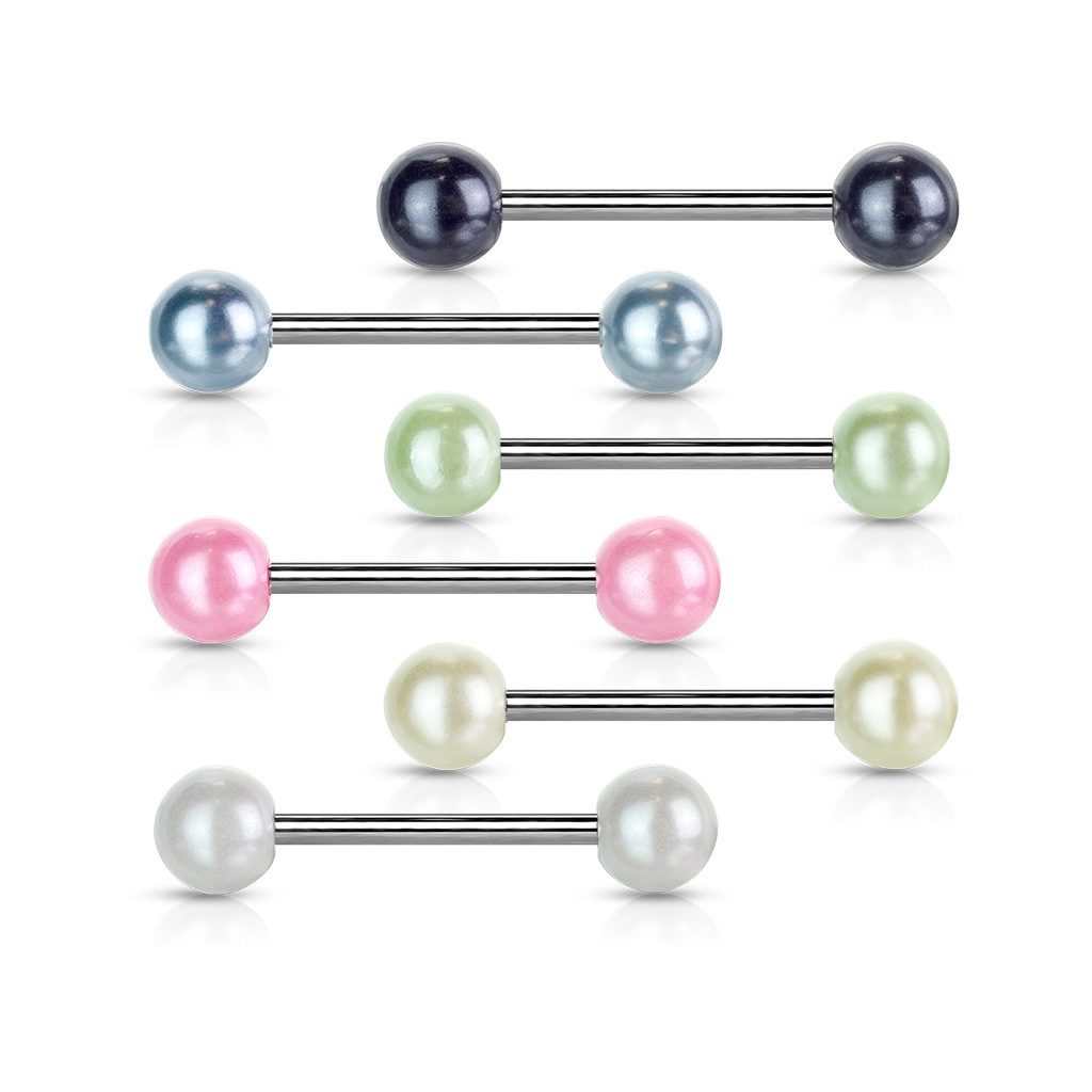 Piercing do jazyka z ocele - farebné perleťové guľôčky - Farba piercing: Ružová