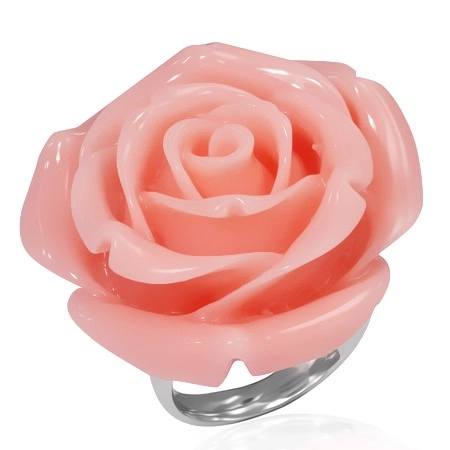 Prsteň z ocele - ružový rozkvitnutý kvet zo živice - Veľkosť: 54 mm
