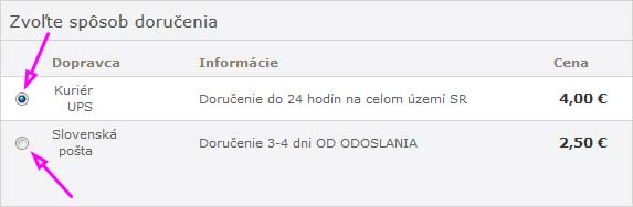 Výber spôsobu prepravy Šperky Eshop