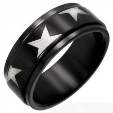 Čierny oceľový prsteň s točiacou sa obručou a hviezdami