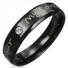 Prsteň z ocele - čierny s vyznaním lásky a čírym zirkónom