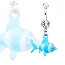 Oceľový piercing do pupka s príveskom modrej rybky