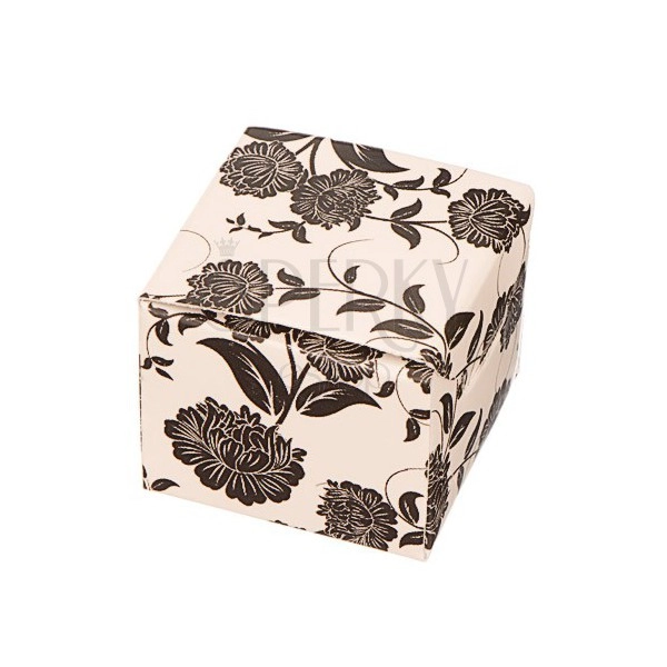 Darčeková krabička na náušnice - čierne kvety na béžovom podklade