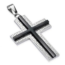 Oceľový prívesok - kríž s ornamentami a čiernym stredom