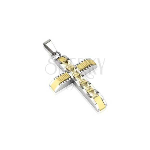 Oceľový prívesok - kríž so zirkónmi, stred zlatej farby