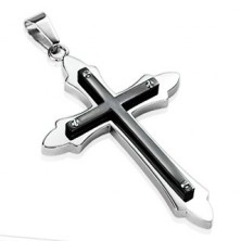 Oceľový prívesok - ozdobný lesklý kríž s úzkym čiernym krížikom