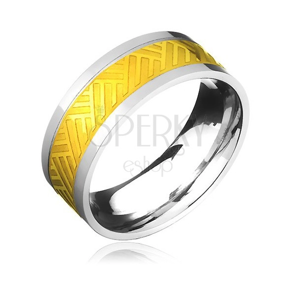 Oceľový prsteň - zlato-striebornej farby s pruhovaným pleteným vzorom
