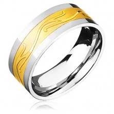 Oceľový prsteň - zlato-striebornej farby so zvlneným ornamentom