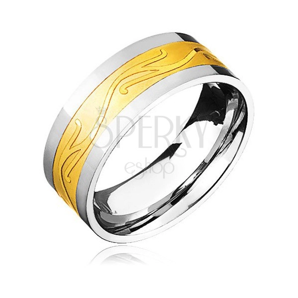 Oceľový prsteň - zlato-striebornej farby so zvlneným ornamentom