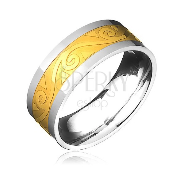 Oceľový prsteň - zlato-striebornej farby s motívom špirál vo vlnke