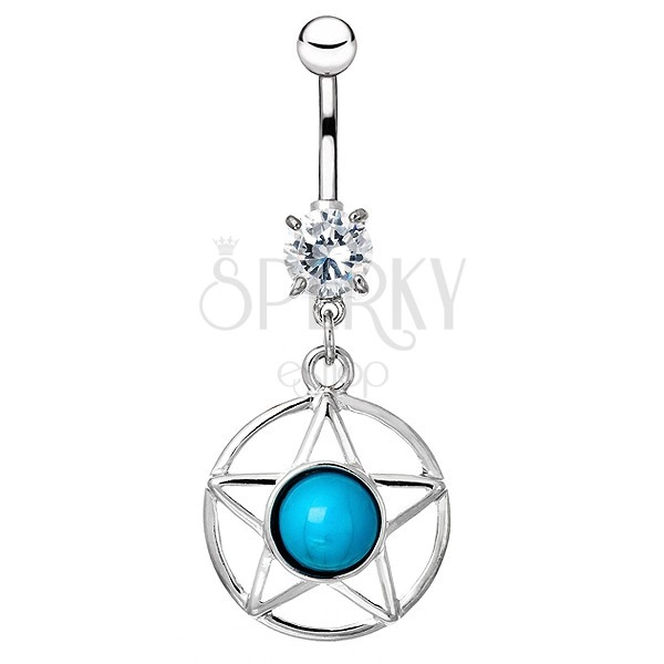 Oceľový piercing do bruška - hviezda v kruhu s modrým kameňom