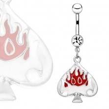 Oceľový piercing do pupku - symbol piky s červenými plameňmi