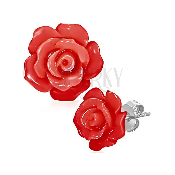 Oceľové náušnice - červená ružička zo živice