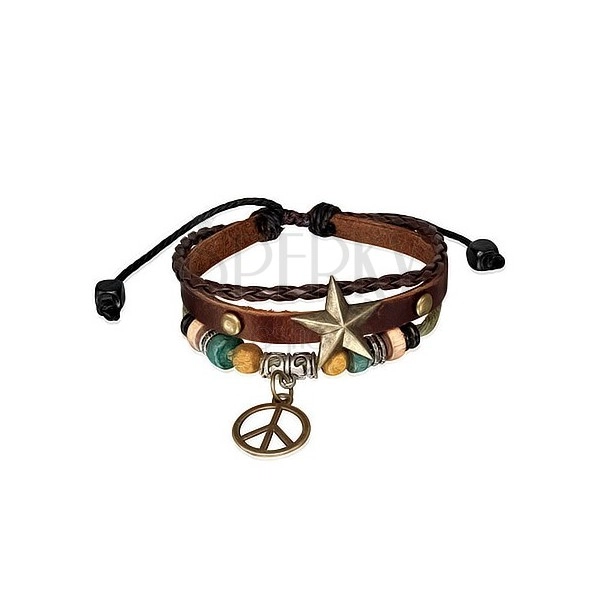 Multi náramok - pás s hviezdou, pletenec, šnúrka a symbol mieru 