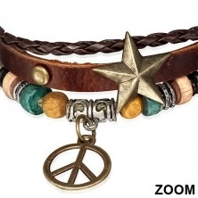 Multi náramok - pás s hviezdou, pletenec, šnúrka a symbol mieru 