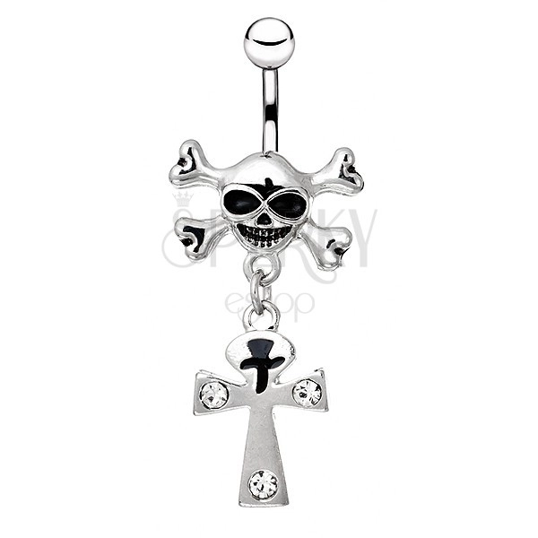 Oceľový piercing do bruška - lebka s kosťami, kríž so zirkónmi