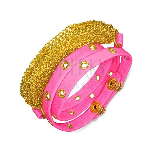 Kožený náramok - ružový pás s vybíjaním, retiazky zlatej farby