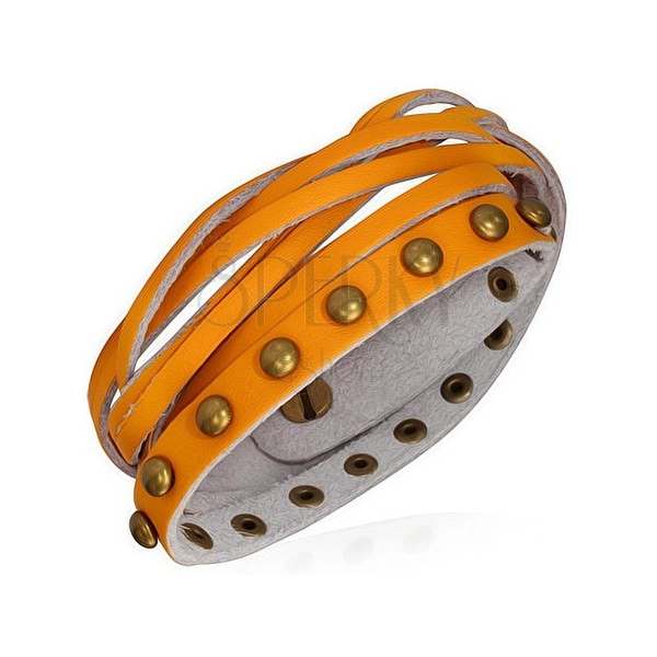 Kožený náramok - oranžové pásiky, zlaté polgule a pletenec