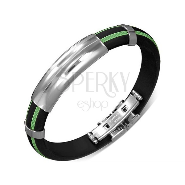 Čierny náramok z gumy - vzorované zelené pásy, hladká známka