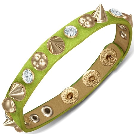 E-shop Šperky Eshop - Kožený náramok - zelený prúžok s polguľami, špicami a zirkónmi AB22.19