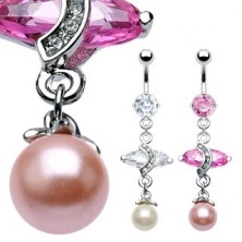 Luxusný piercing do bruška s veľkým oválnym zirkónom a perlou