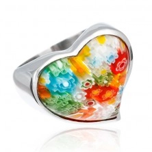 Mohutný oceľový prsteň - srdce s farebnými kvetmi v skle