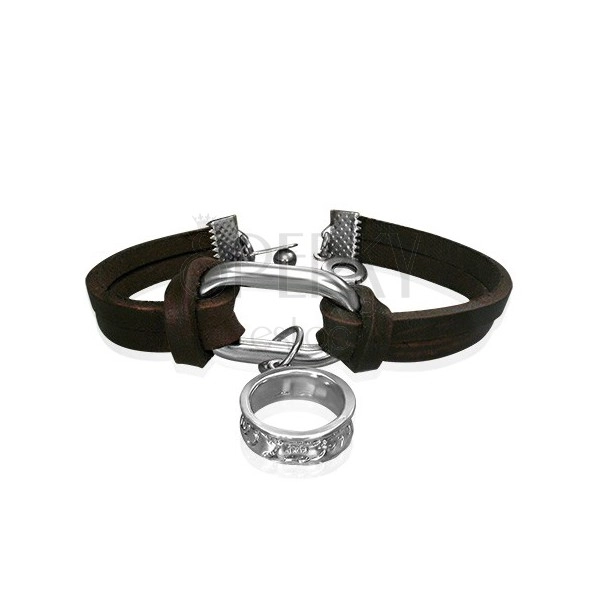 Kožený náramok - hnedé pásy, kovový ovál a prsteň