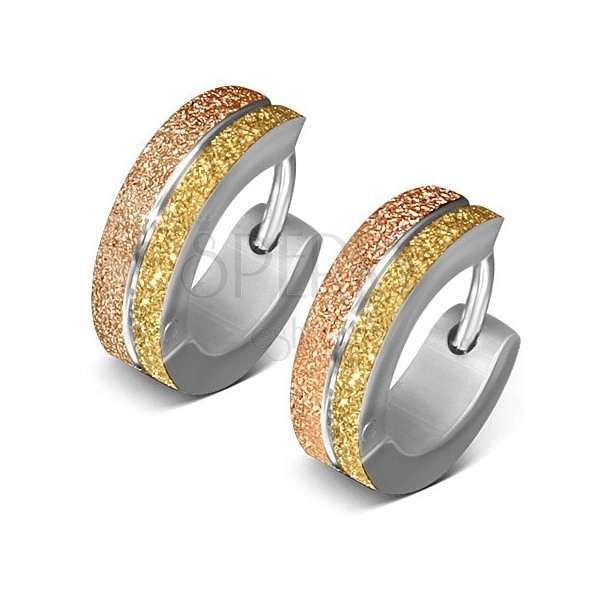 Kruhové oceľové náušnice - pieskované pásy zlato-striebornej farby