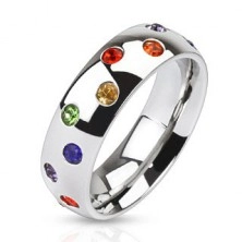 Oceľový prsteň - obrúčka striebornej farby, farebné kamienky