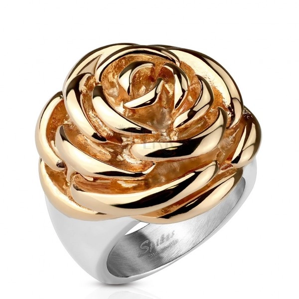 Oceľový prsteň - rozkvitnutý kvet ruže medenej farby