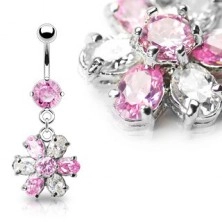 Luxusný piercing do brucha kvet - ružovo číry zirkón
