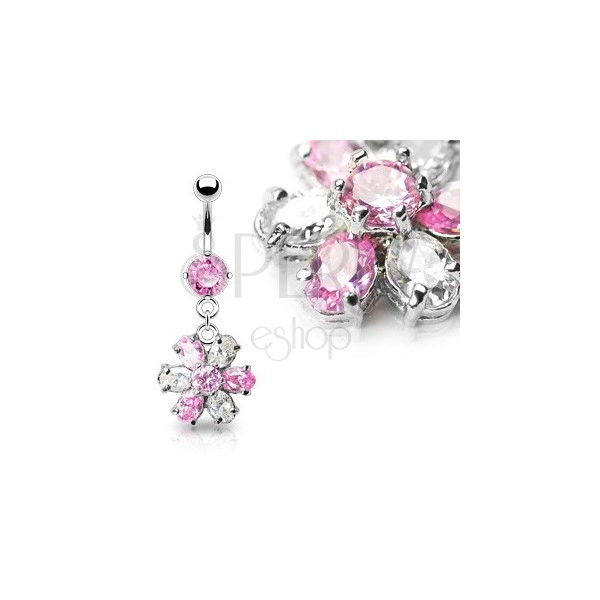 Luxusný piercing do brucha kvet - ružovo číry zirkón