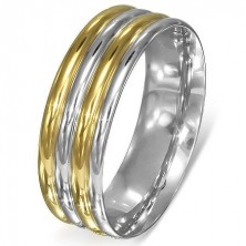 Prsteň z ocele - zaoblené pásy strieborno-zlatej farby