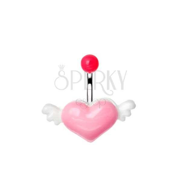 Oceľový piercing do pupka s ružovo-bielym lietajúcim srdcom