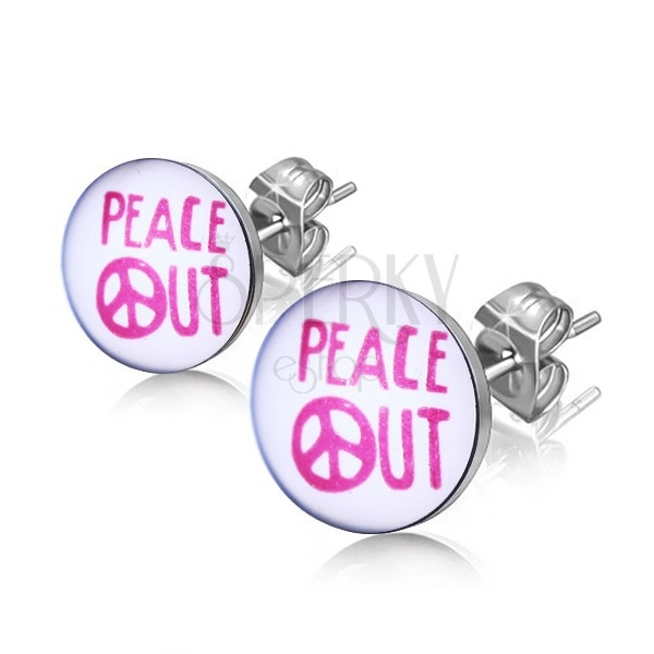 Oceľové náušnice - nápis "PEACE OUT" v krúžku