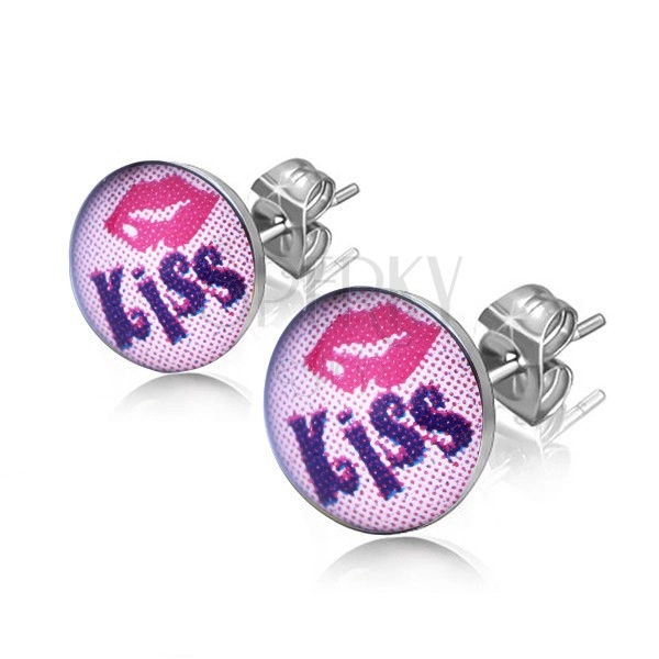 Oceľové náušnice - pery, text "KISS", ružové pozadie