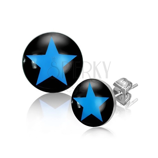 Oceľové náušnice s modrou hviezdou v čiernom kruhu