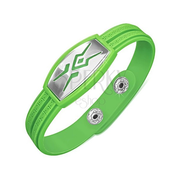 Gumený zelený náramok, tribal vzor na známke, grécky kľúč