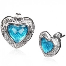 Puzetové náušnice z ocele - modré brúsené srdce v lesklom ráme