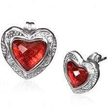 Lesklé náušnice z ocele - červené brúsené srdce v zdobenom ráme
