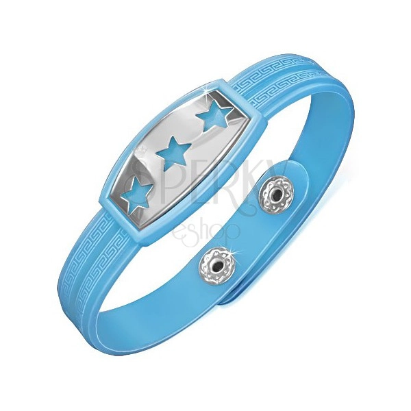 Modrý gumený náramok s hviezdami na oceľovej známke