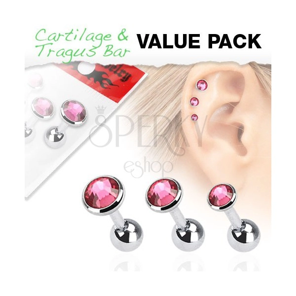 Sada troch oceľových piercingov do ucha s okrúhlymi ružovými zirkónmi