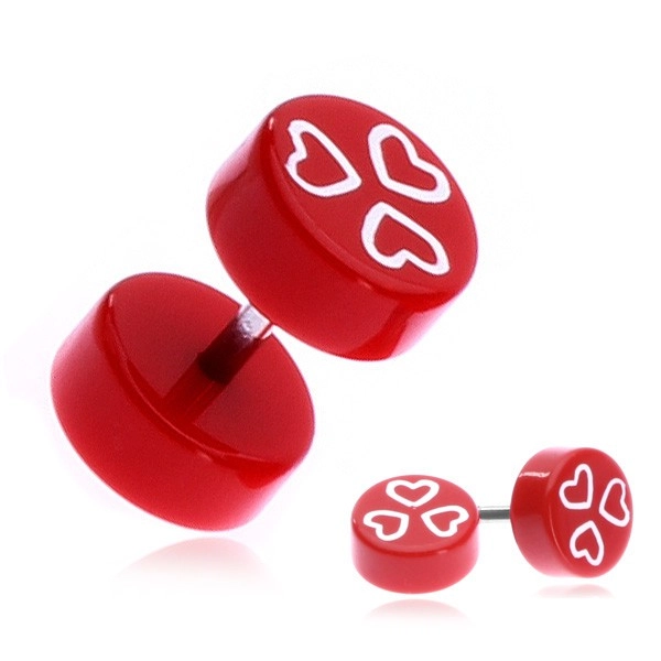 E-shop Šperky Eshop - Akrylový fake plug s bielymi srdciami na červenom podklade PC33.16