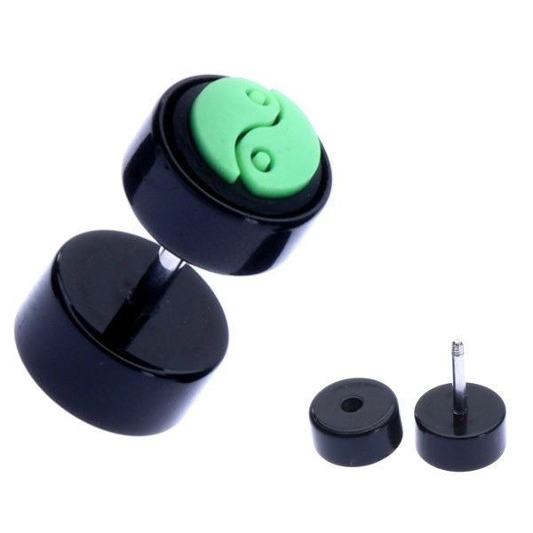 E-shop Šperky Eshop - Okrúhly akrylový fake plug so zeleným jin-jang symbolom AA41.14