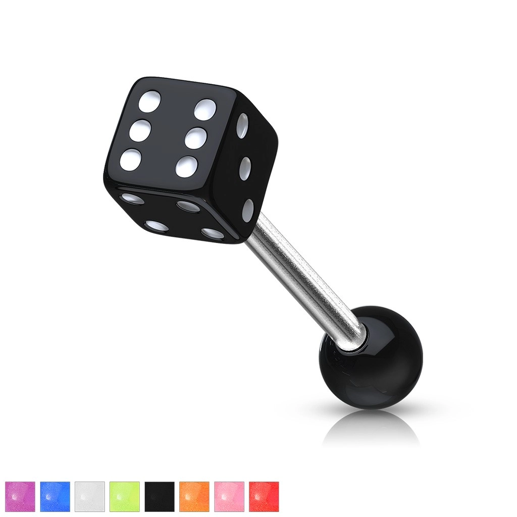 Piercing do jazyka z ocele - hracia kocka s bodkami bielej farby - Farba zirkónu: Čierna - K